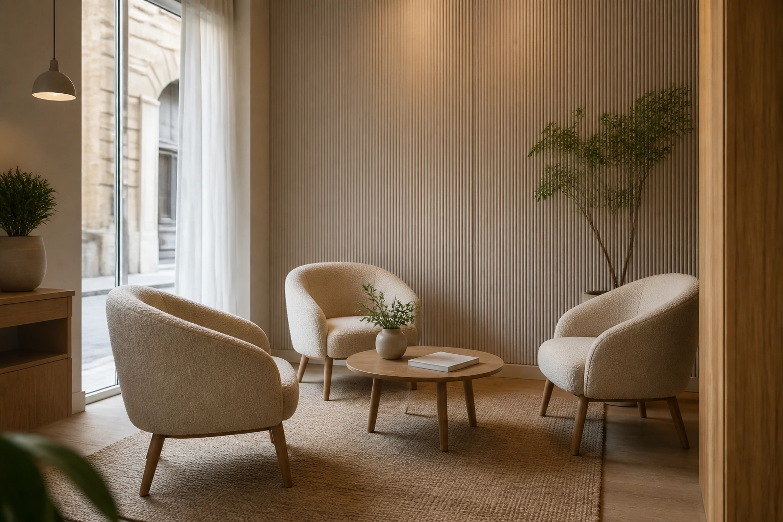 Espace d’attente professionnel calme avec fauteuils, table basse, bois et lumière naturelle
