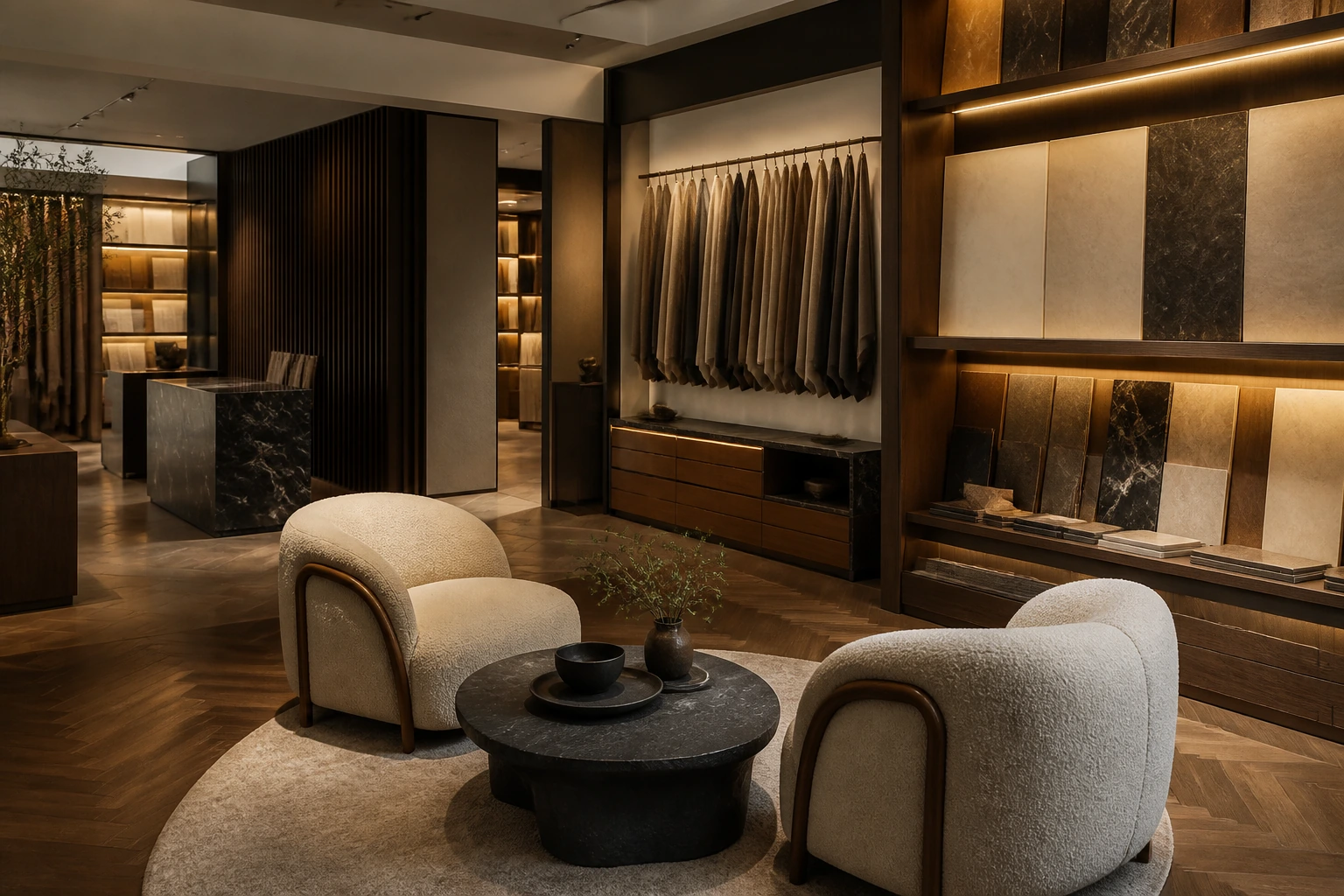 Showroom élégant avec espace d’échange, échantillons de matières et éclairage chaleureux