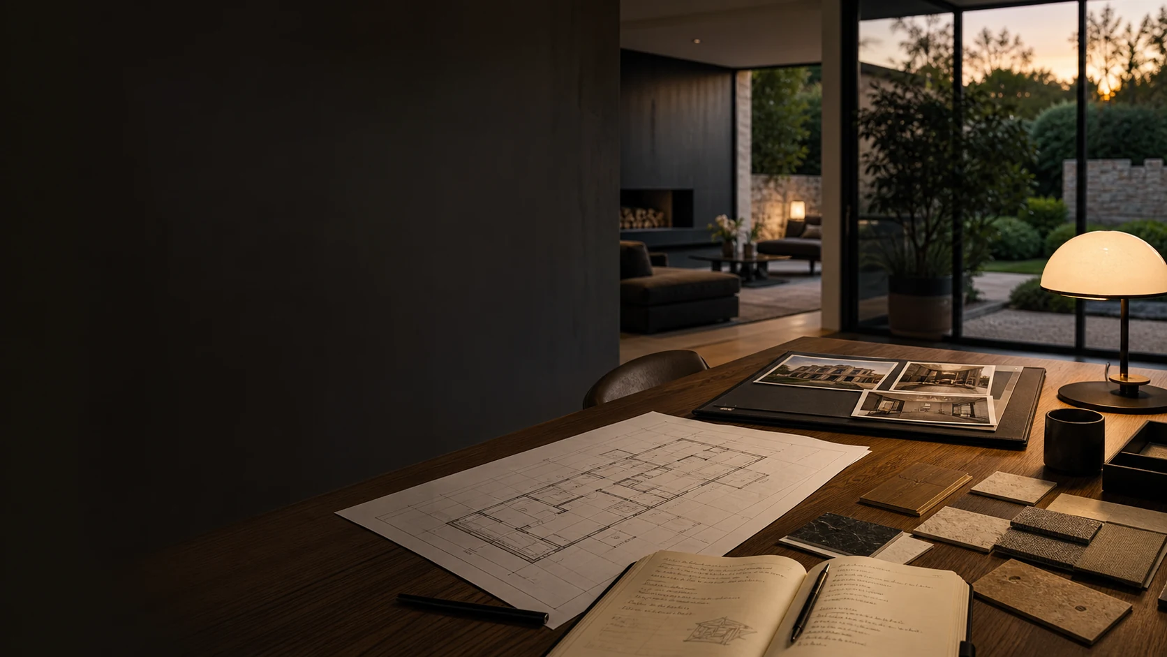 Plans, échantillons de matières et cahier de notes pour préparer un projet habitat.
